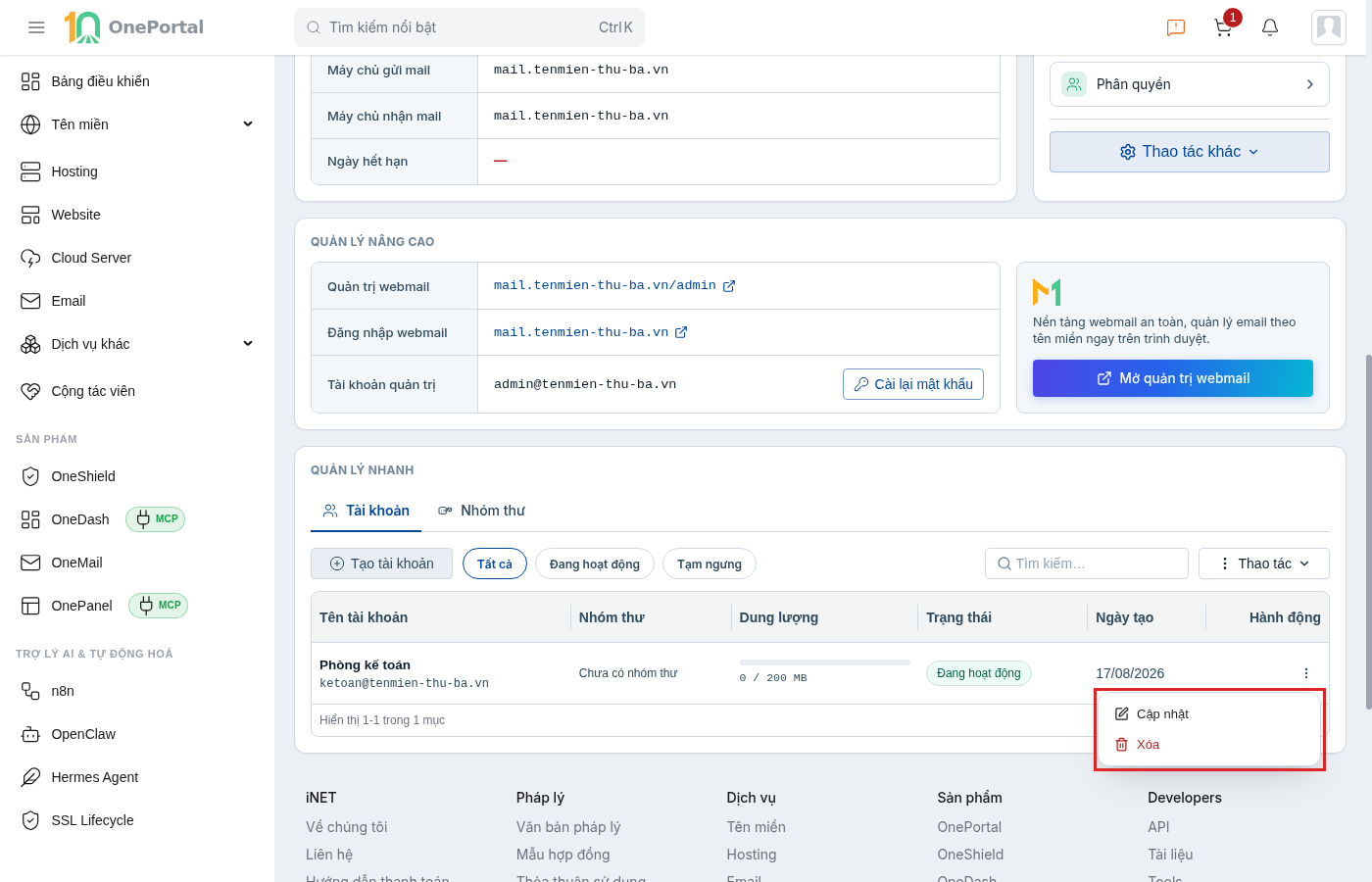 Menu hành động trên một dòng hộp thư của OnePortal, khoanh đỏ menu gồm hai mục Cập nhật và Xóa