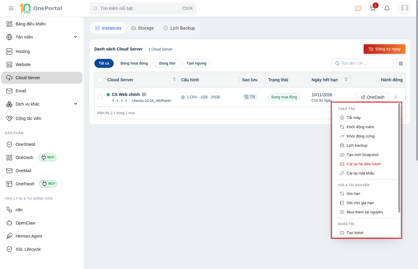 Menu hành động của một Cloud Server trên OnePortal, khoanh đỏ toàn bộ menu gồm ba nhóm Thao tác, Gói & tài nguyên và Quản trị