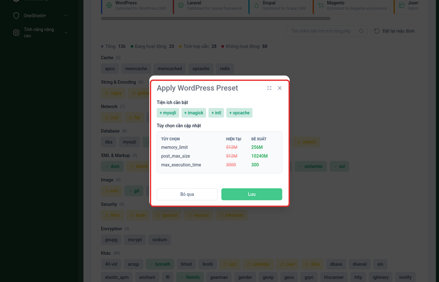 Hộp thoại Apply WordPress Preset trên OnePanel, khoanh đỏ danh sách tiện ích cần bật và bảng tùy chọn php.ini cần cập nhật