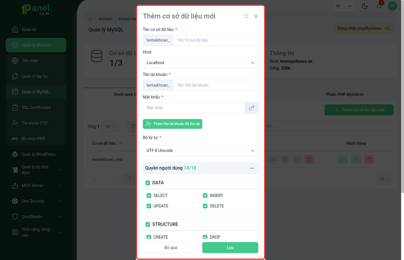 Form thêm cơ sở dữ liệu MySQL mới trên OnePanel, khoanh đỏ toàn bộ dialog