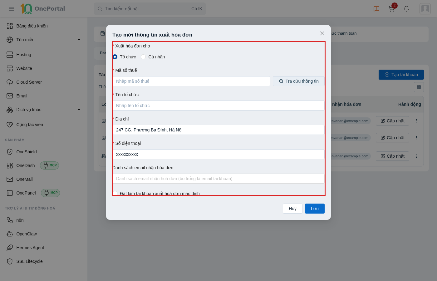 Hộp thoại Tạo mới thông tin xuất hóa đơn trên OnePortal, khoanh đỏ vùng nhập gồm lựa chọn Xuất hóa đơn cho là Tổ chức hoặc Cá nhân, ô Mã số thuế kèm nút Tra cứu thông tin, các ô Tên tổ chức, Địa chỉ, Số điện thoại, Danh sách email nhận hóa đơn và ô tick Đặt làm tài khoản xuất hóa đơn mặc định