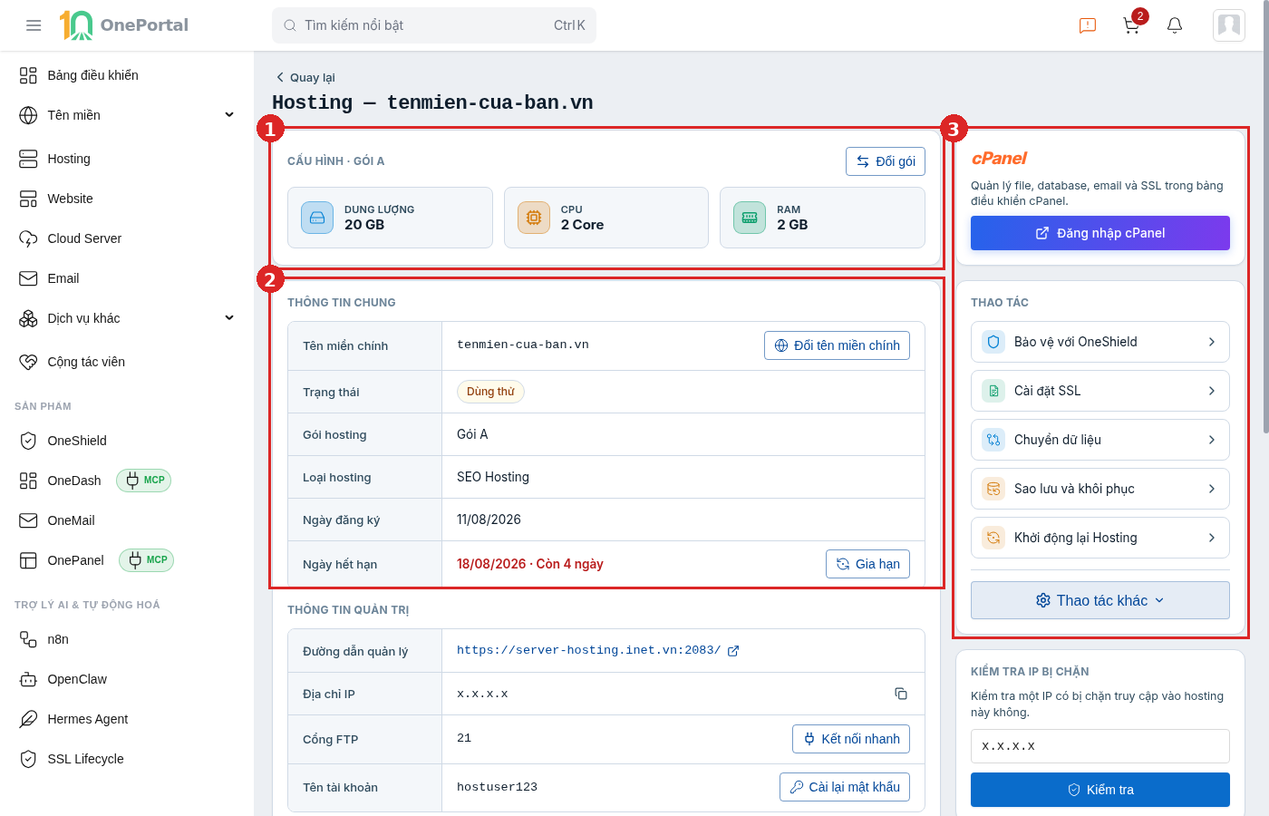 Phần trên trang chi tiết hosting trên OnePortal, khoanh đỏ và đánh số ba vùng: vùng 1 là khối Cấu hình, vùng 2 là khối Thông tin chung, vùng 3 là cột bên phải gồm thẻ bảng điều khiển và khối Thao tác