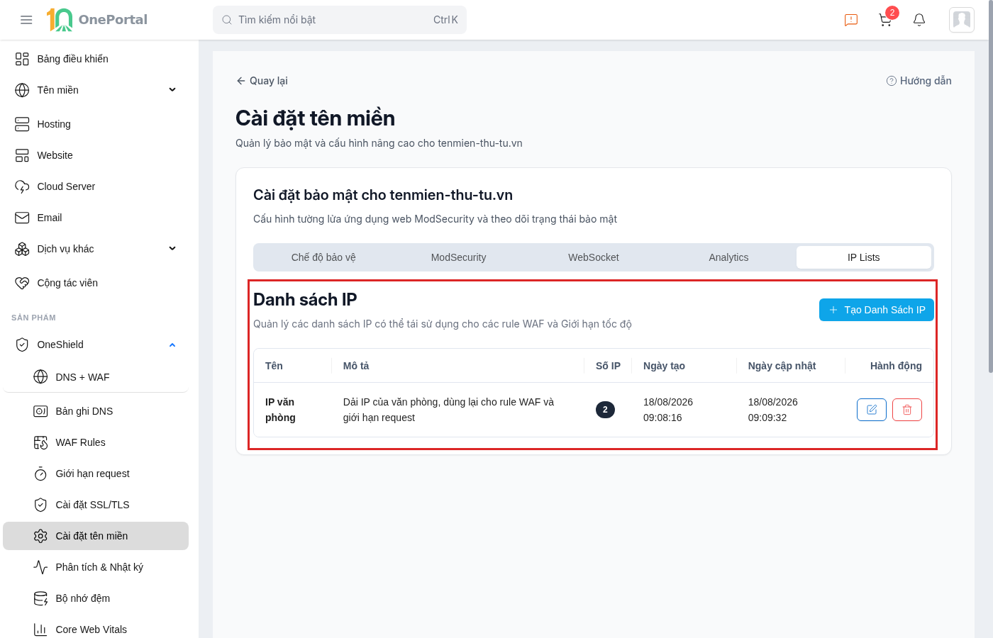 Thẻ IP Lists trên OneShield, khoanh đỏ cả khối gồm nút Tạo Danh Sách IP và bảng với các cột Tên, Mô tả, Số IP, Ngày tạo, Ngày cập nhật, Hành động