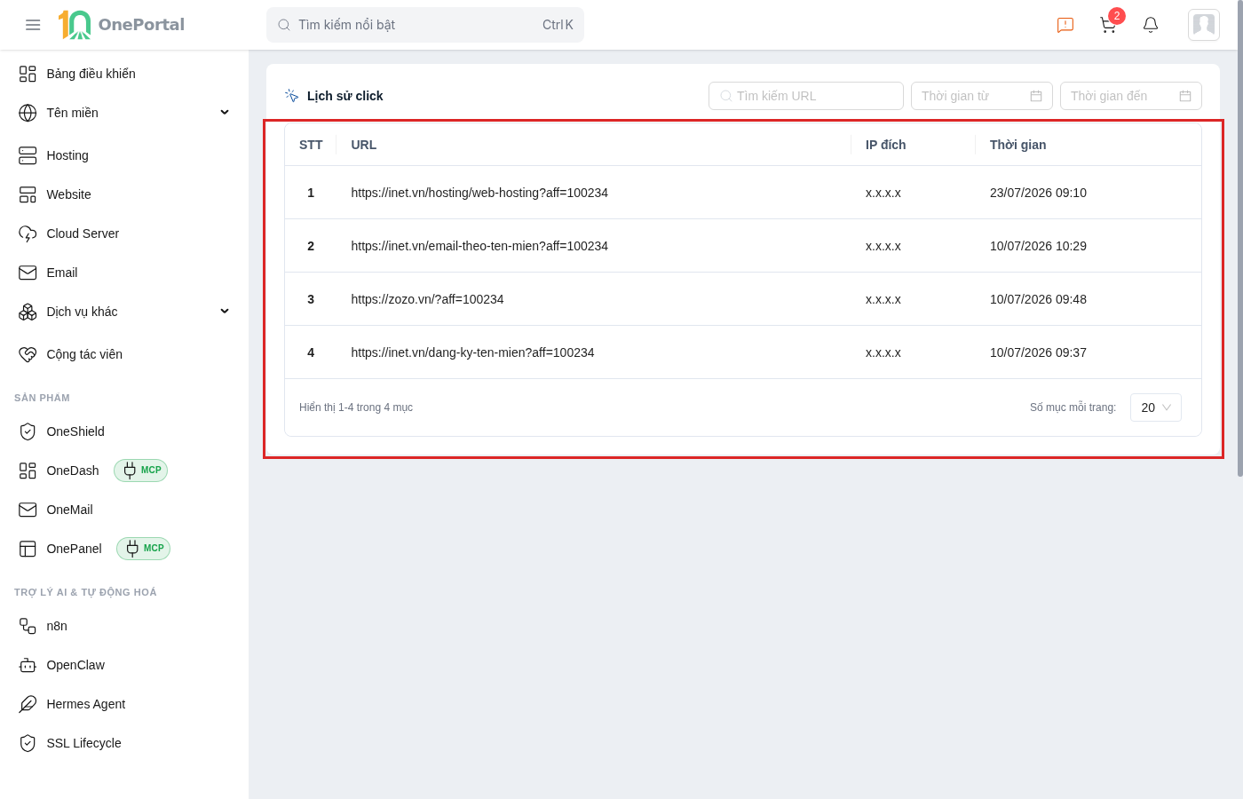 Trang Lịch sử click trên OnePortal, khoanh đỏ bảng lượt click gồm bốn cột STT, URL kèm tham số aff, IP đích và Thời gian; ô tìm theo URL cùng hai ô chọn Thời gian từ, Thời gian đến nằm phía trên khung