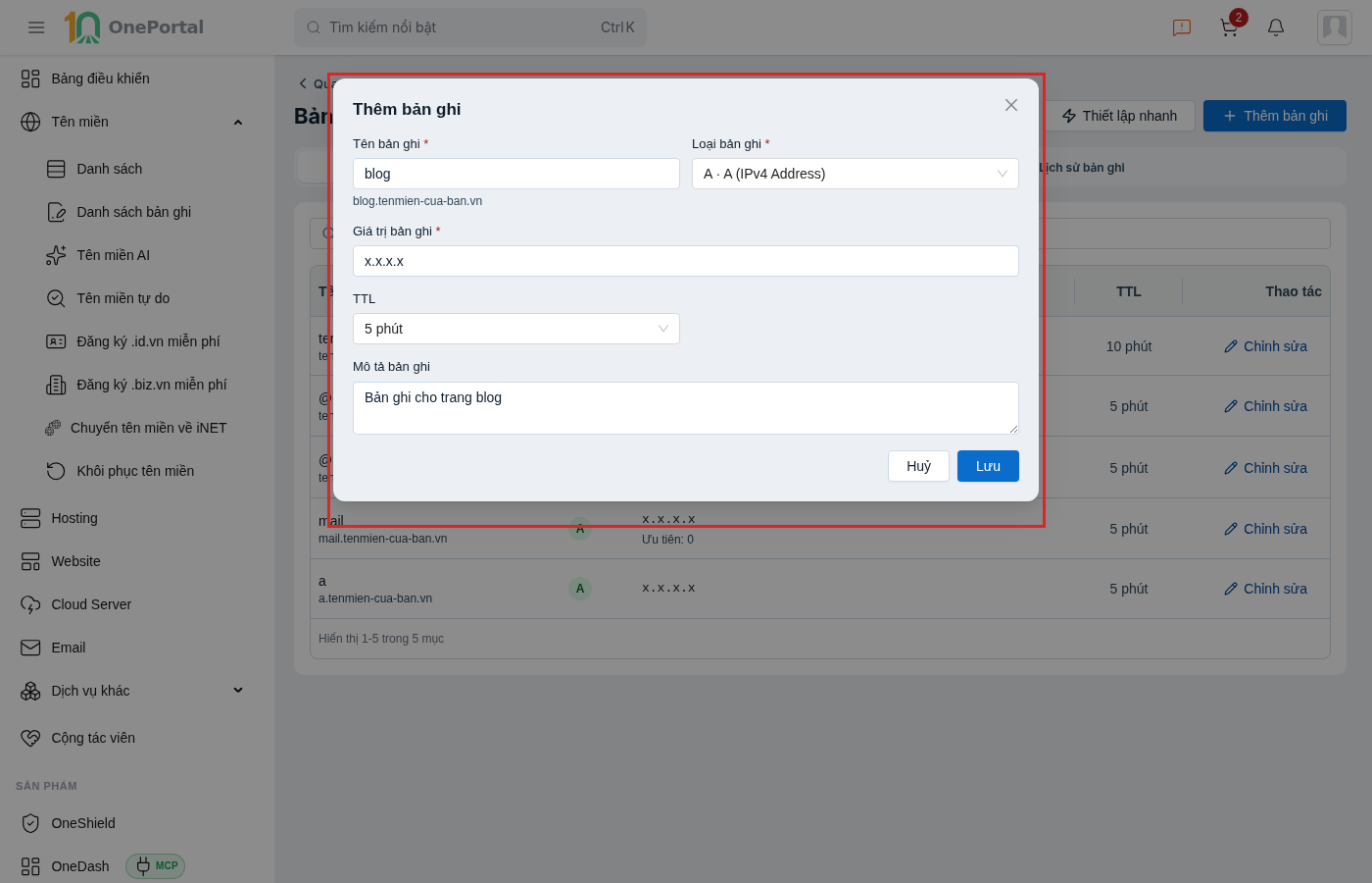 Hộp thoại Thêm bản ghi trên OnePortal, khoanh đỏ toàn khu nhập gồm Tên bản ghi, Loại bản ghi, Giá trị bản ghi, TTL và Mô tả bản ghi