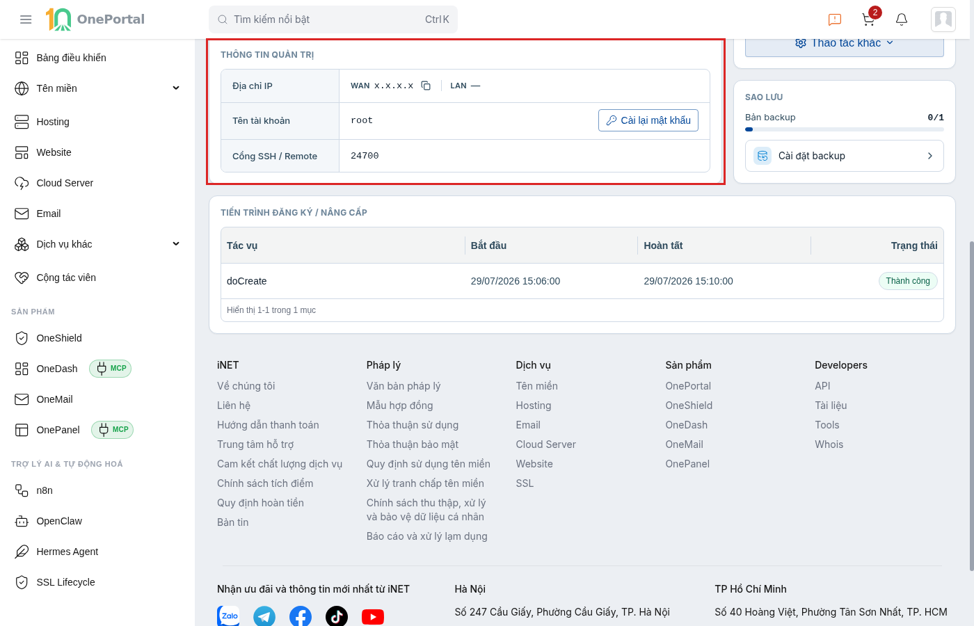 Khối Thông tin quản trị trên tab Cloud Manager của Cloud VPS được khoanh đỏ, gồm Địa chỉ IP tách WAN và LAN kèm nút sao chép, Tên tài khoản root kèm nút Cài lại mật khẩu, và Cổng SSH Remote 24700