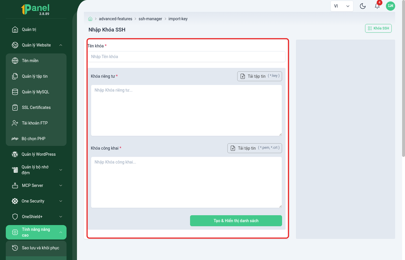 Form Nhập Khóa SSH trên OnePanel, khoanh đỏ toàn bộ form gồm tên khóa, khóa riêng tư và khóa công khai