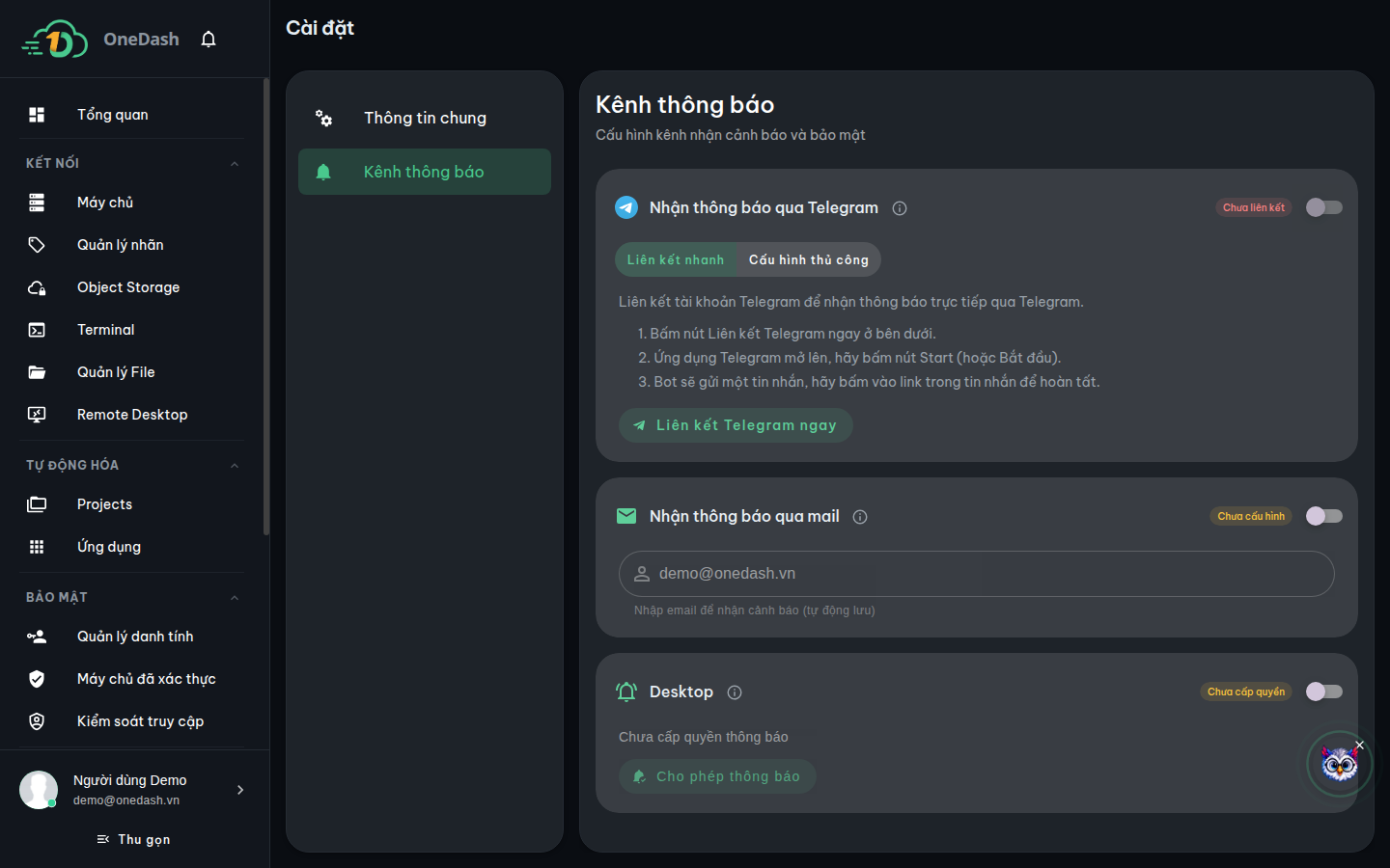 Thẻ Telegram với hai chế độ Liên kết nhanh và Cấu hình thủ công