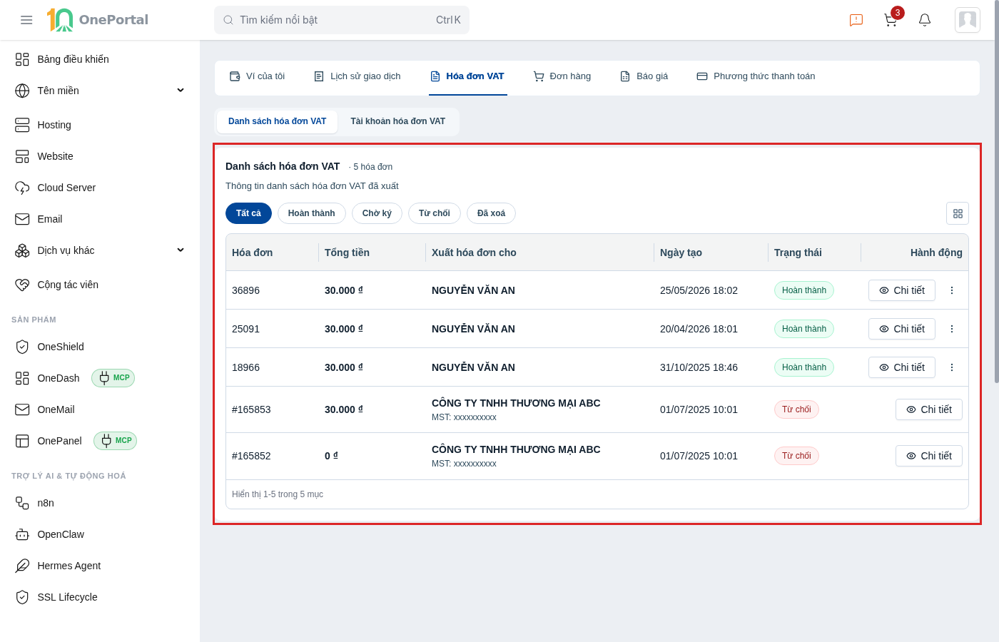 Tab Hóa đơn VAT trên OnePortal ở mục Danh sách hóa đơn VAT, khoanh đỏ toàn khối gồm hai nút chuyển mục, bộ lọc trạng thái Tất cả, Hoàn thành, Chờ ký, Từ chối, Đã xoá và bảng năm hóa đơn với các cột Hóa đơn, Tổng tiền, Xuất hóa đơn cho, Ngày tạo, Trạng thái và Hành động với nút Chi tiết