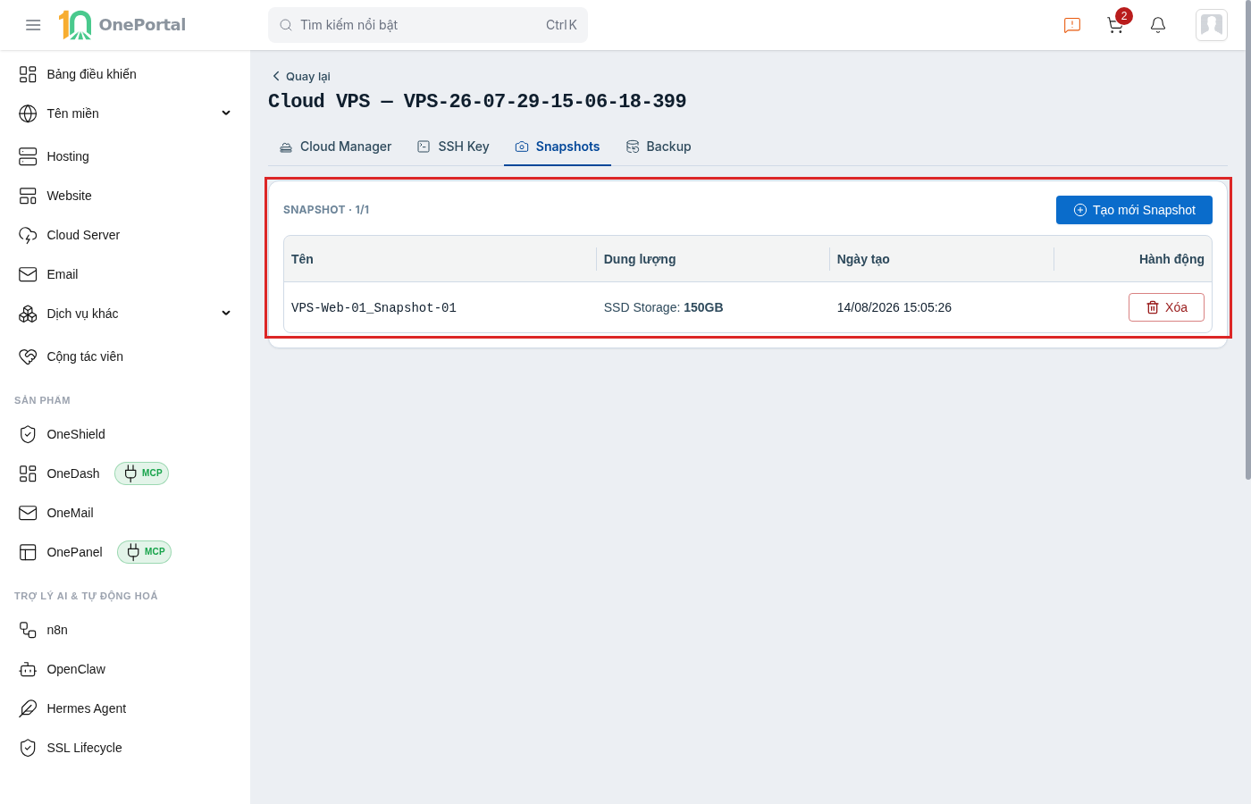 Tab Snapshots trên trang chi tiết Cloud VPS, khoanh đỏ khối Snapshot gồm tiêu đề kèm số bản trên hạn mức, nút Tạo mới Snapshot, và bảng gồm các cột Tên, Dung lượng, Ngày tạo, Hành động