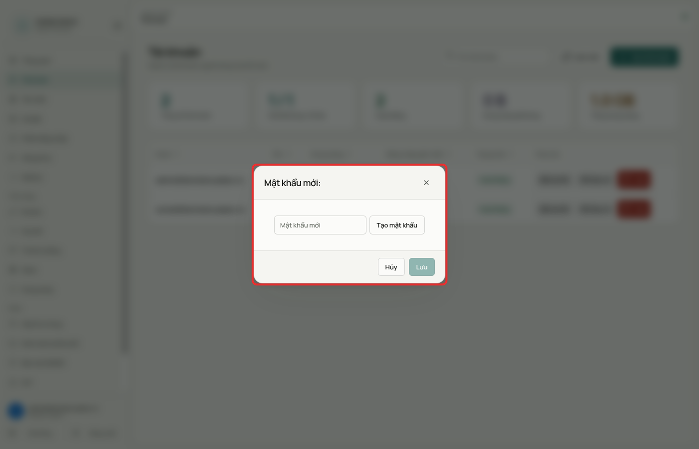 Hộp Mật khẩu mới của OxMail Admin được khoanh đỏ gồm ô Mật khẩu mới, nút Tạo mật khẩu và hai nút Hủy, Lưu