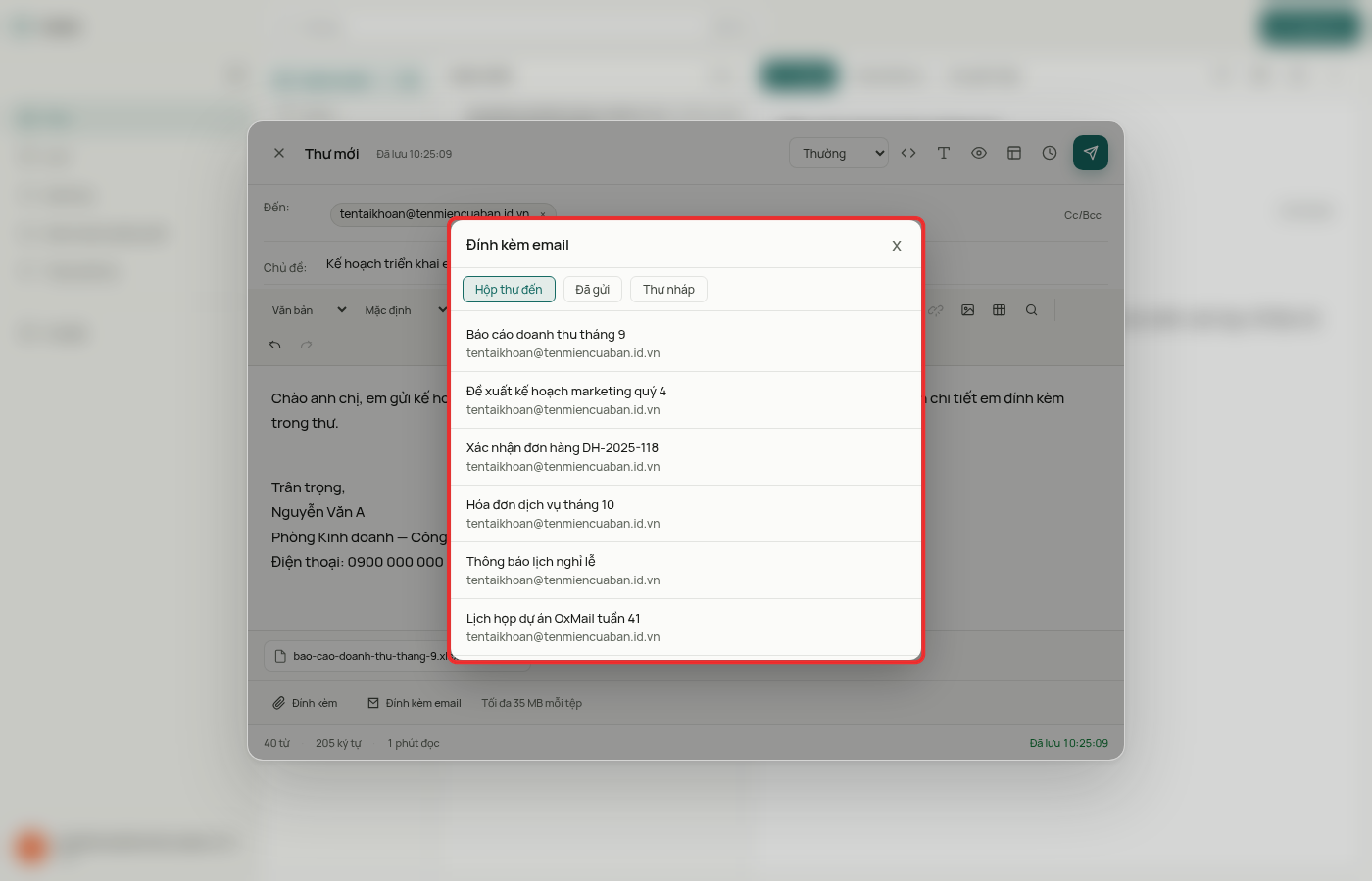 Hộp Đính kèm email với các tab Hộp thư đến, Đã gửi, Thư nháp và danh sách thư được khoanh đỏ