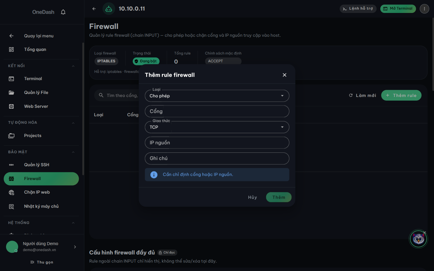 Cửa sổ Thêm rule firewall: chọn Loại (Cho phép/Chặn), Cổng, Giao thức, IP nguồn và Ghi chú