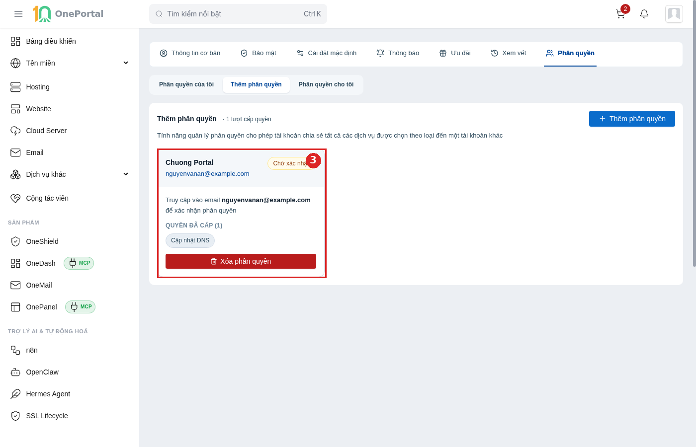 Thẻ phân quyền vừa tạo, khoanh đỏ cả thẻ gồm tên và email người nhận, nhãn Chờ xác nhận, dòng nhắc truy cập email để xác nhận, khối QUYỀN ĐÃ CẤP kèm một quyền, và nút Xóa phân quyền