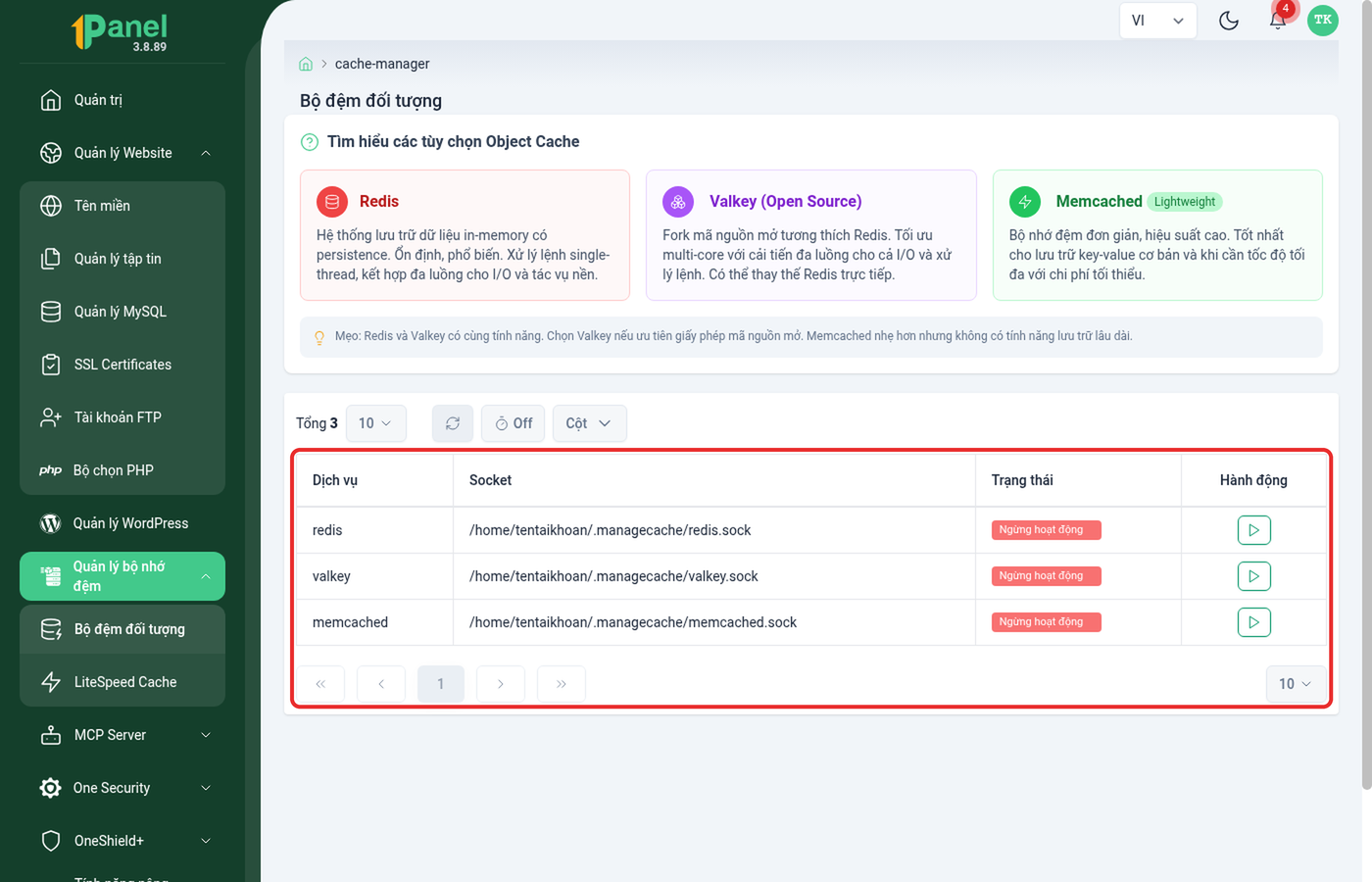 Bảng Bộ đệm đối tượng trên OnePanel, khoanh đỏ danh sách dịch vụ Redis/Valkey/Memcached