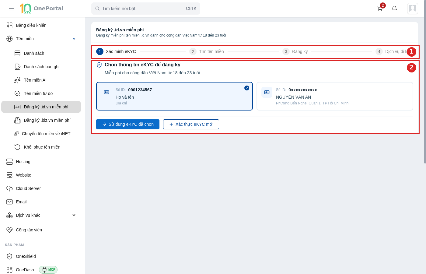 Trang Đăng ký .id.vn miễn phí, khoanh và đánh số hai vùng: vùng 1 là thanh bốn bước gồm Xác minh eKYC, Tìm tên miền, Đăng ký và Dịch vụ đi kèm; vùng 2 là khối Chọn thông tin eKYC để đăng ký với các thẻ hồ sơ định danh cùng hai nút Sử dụng eKYC đã chọn và Xác thực eKYC mới