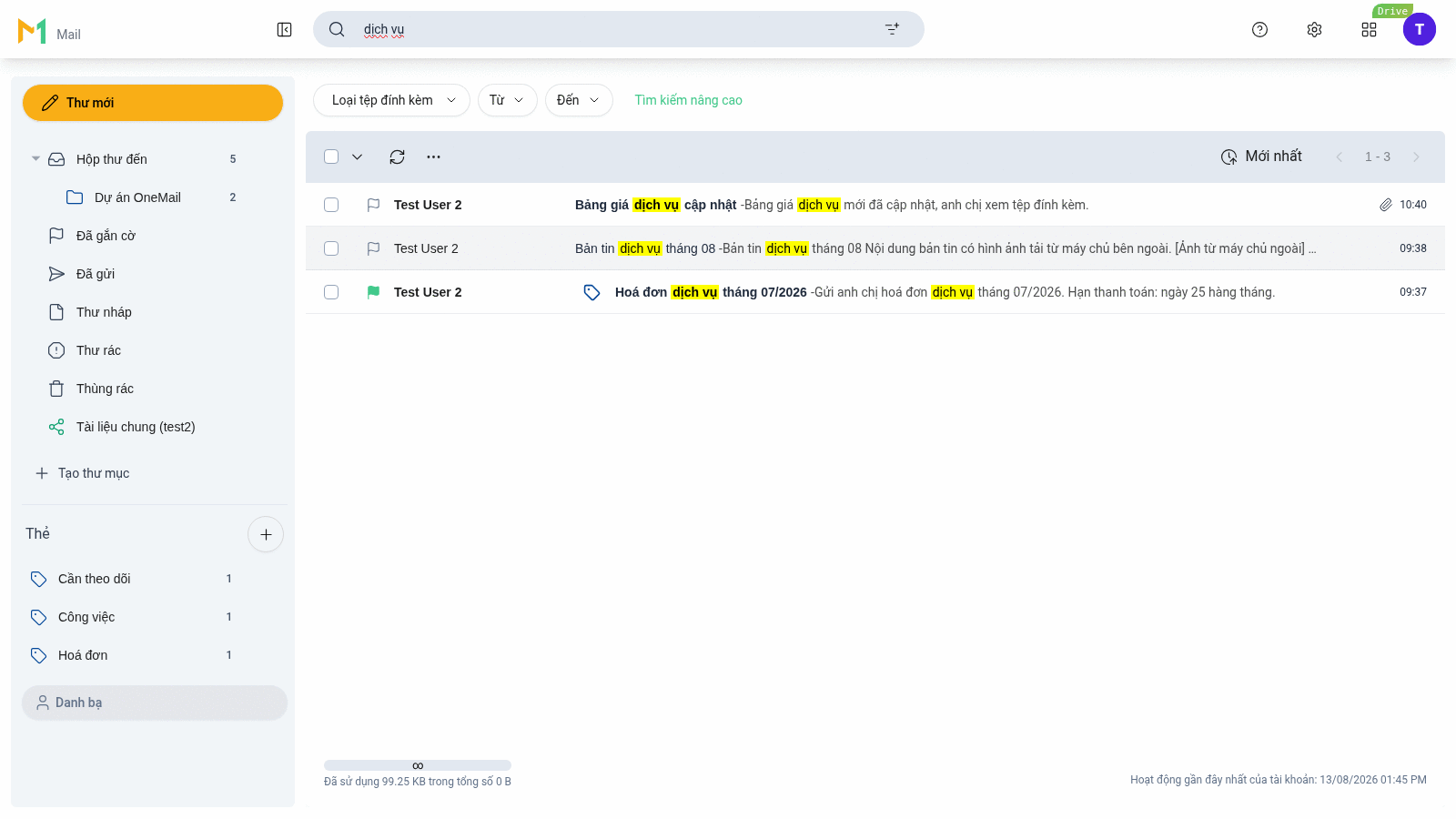 Trang kết quả tìm kiếm với từ khoá "dịch vụ": ba thư từ Test User 2 với từ khoá được tô sáng vàng cả trong tiêu đề và đoạn trích, phân trang 1-3; phía trên là các bộ lọc Loại tệp đính kèm, Từ, Đến và liên kết Tìm kiếm nâng cao