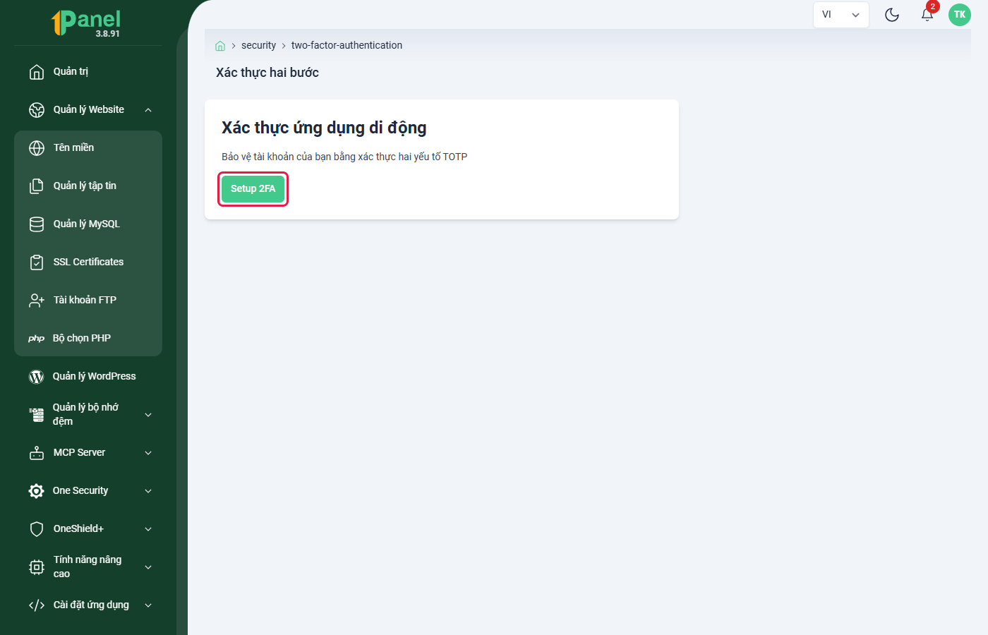 Trang Xác thực hai bước với khối Xác thực ứng dụng di động, khoanh nút Setup 2FA
