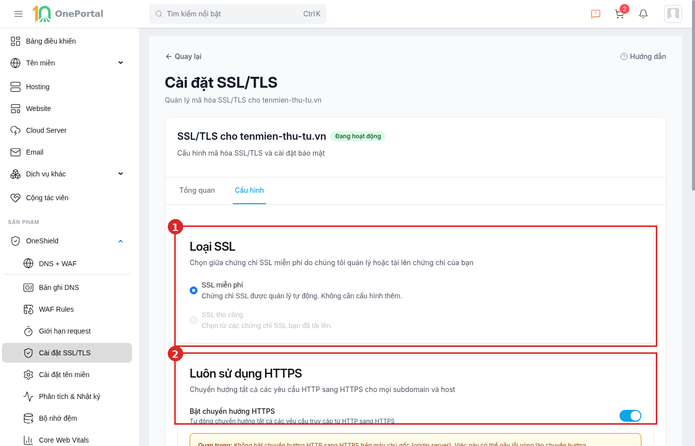 Thẻ Cấu hình của SSL/TLS, khoanh đỏ và đánh số hai vùng: vùng 1 là khối Loại SSL với hai lựa chọn SSL miễn phí và SSL thủ công; vùng 2 là khối Luôn sử dụng HTTPS kèm công tắc bật chuyển hướng