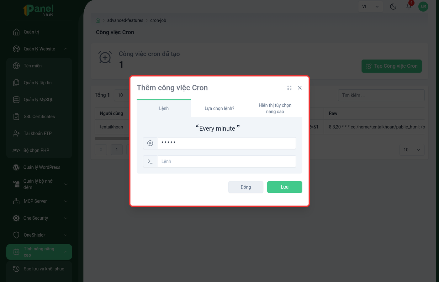Form Thêm công việc Cron trên OnePanel, khoanh đỏ toàn bộ hộp thoại gồm ô lịch chạy và ô lệnh