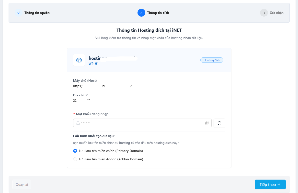 Xác nhận thông tin Hosting đích