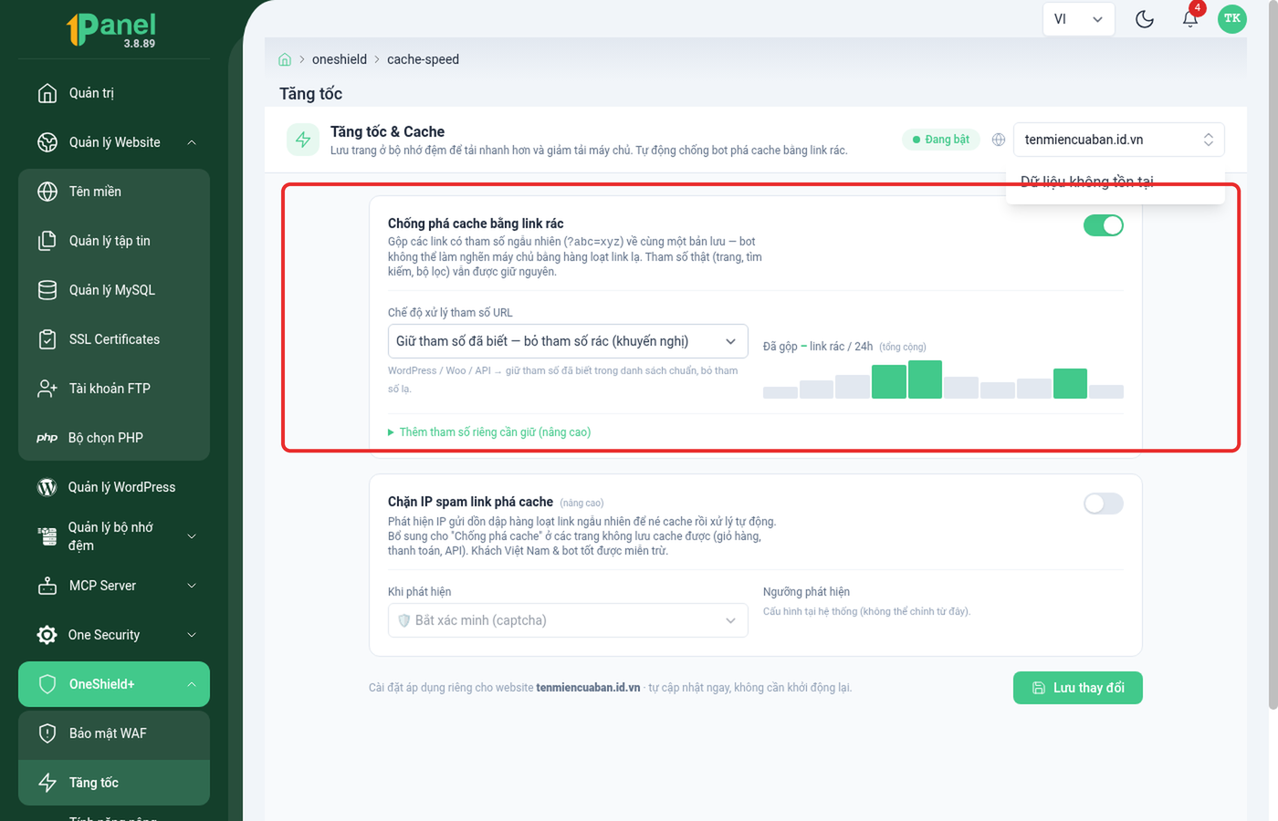 Trang Tăng tốc và Cache của OneShield, khoanh đỏ khối Chống phá cache bằng link rác cùng dropdown chế độ xử lý tham số URL