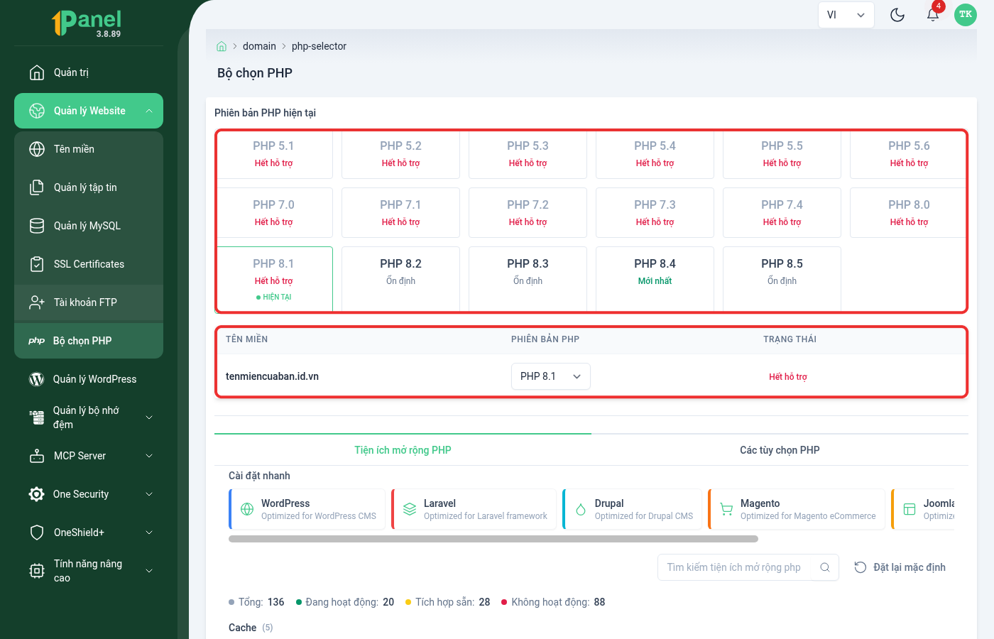 Trang Bộ chọn PHP trên OnePanel, khoanh đỏ lưới chọn phiên bản và bảng gán theo tên miền