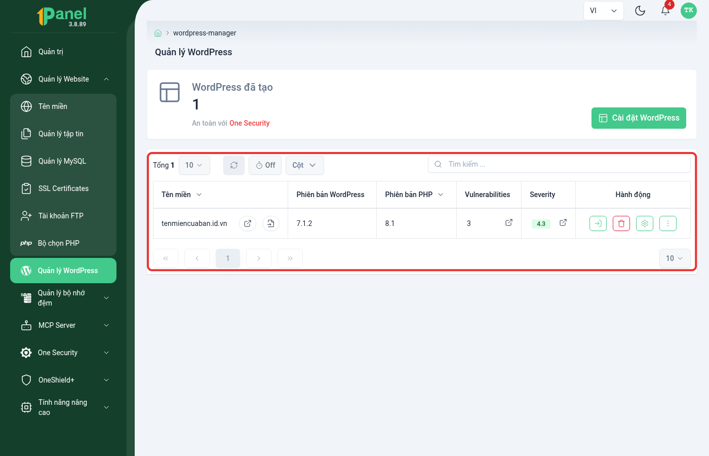 Trang Quản lý WordPress trên OnePanel, khoanh đỏ bảng danh sách site WordPress