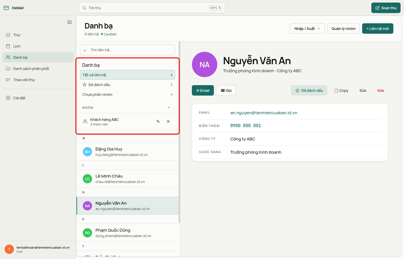 Bộ lọc Tất cả liên hệ, Đã đánh dấu, Chưa phân nhóm kèm số liên hệ và mục NHÓM với nhóm Khách hàng ABC