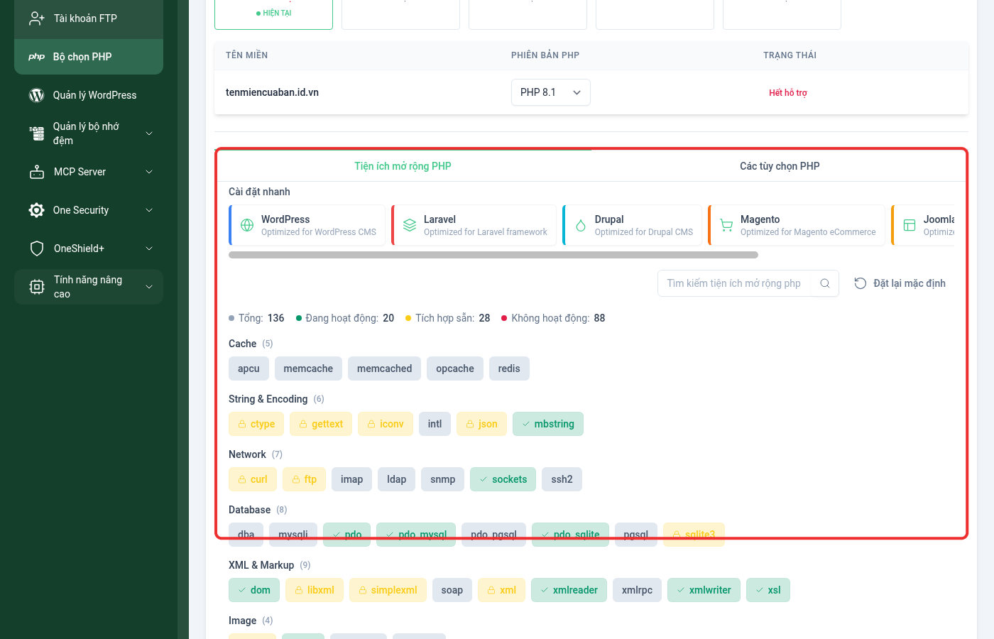 Trang Bộ chọn PHP trên OnePanel, khoanh đỏ khối Tiện ích mở rộng PHP