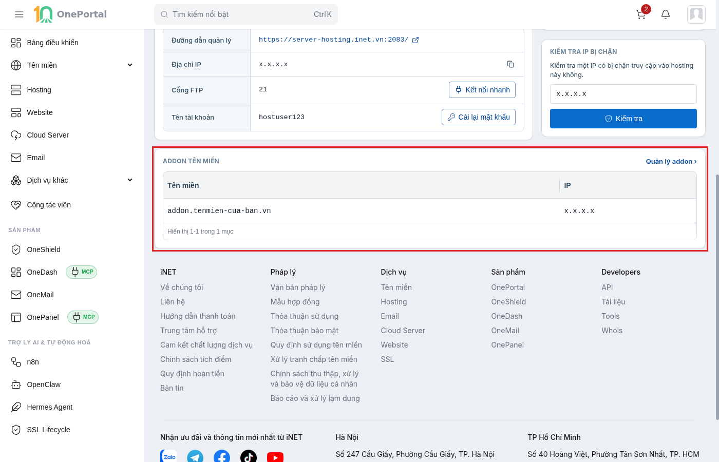 Khối Addon tên miền trên trang chi tiết hosting được khoanh đỏ, gồm tiêu đề, liên kết Quản lý addon ở góc phải và bảng liệt kê tên miền addon cùng địa chỉ IP