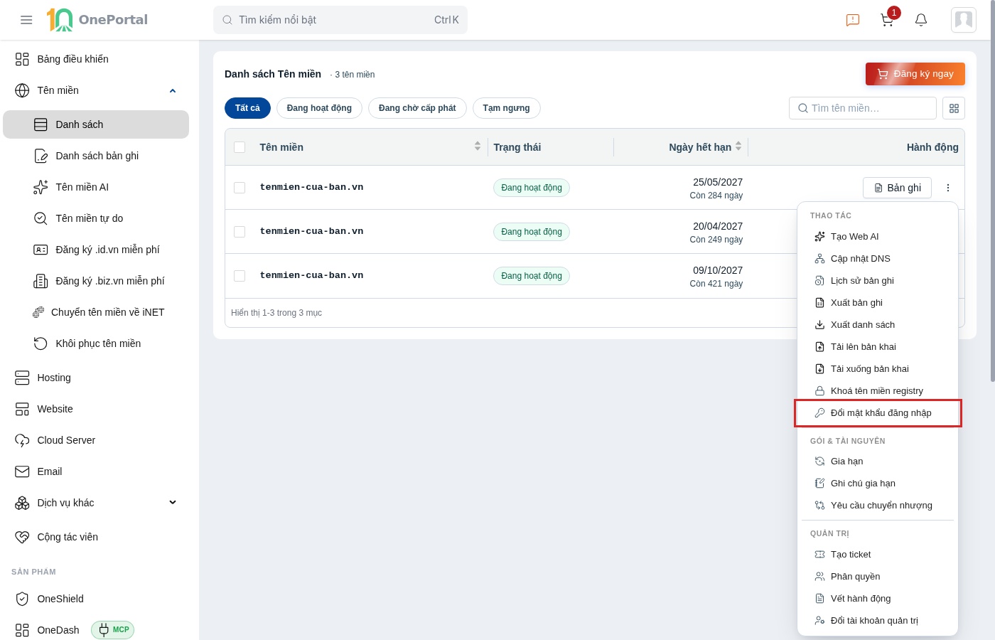 Menu hành động của một tên miền trên OnePortal, khoanh đỏ mục Đổi mật khẩu đăng nhập trong nhóm Thao tác