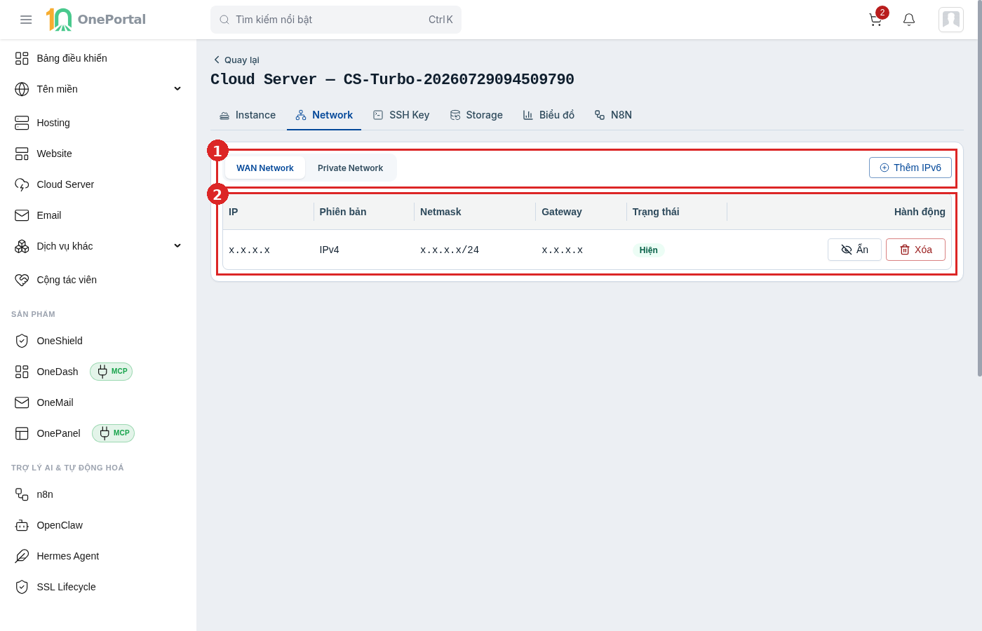 Tab Network trên trang chi tiết Cloud Server, khoanh đỏ và đánh số hai vùng: vùng 1 là hai tab con WAN Network và Private Network cùng nút thêm địa chỉ; vùng 2 là bảng gồm các cột IP, Phiên bản, Netmask, Gateway, Trạng thái và Hành động
