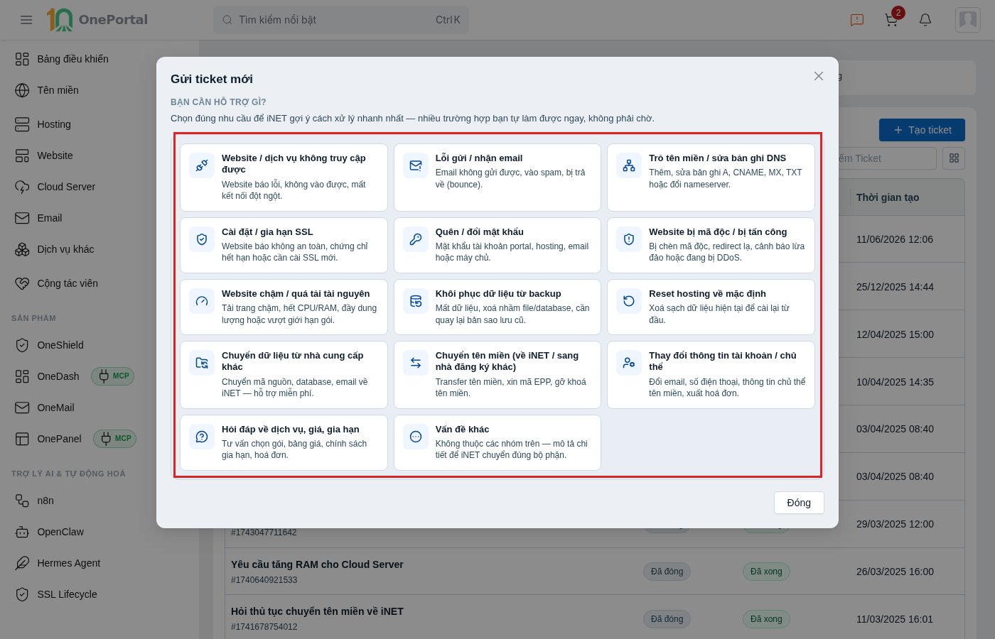 Hộp thoại Gửi ticket mới trên OnePortal, khoanh đỏ lưới mười bốn nhóm nhu cầu gồm Website dịch vụ không truy cập được, Lỗi gửi nhận email, Trỏ tên miền sửa bản ghi DNS, Cài đặt gia hạn SSL, Quên đổi mật khẩu, Website bị mã độc, Website chậm quá tải, Khôi phục dữ liệu từ backup, Reset hosting về mặc định, Chuyển dữ liệu từ nhà cung cấp khác, Chuyển tên miền, Thay đổi thông tin tài khoản, Hỏi đáp về dịch vụ và Vấn đề khác