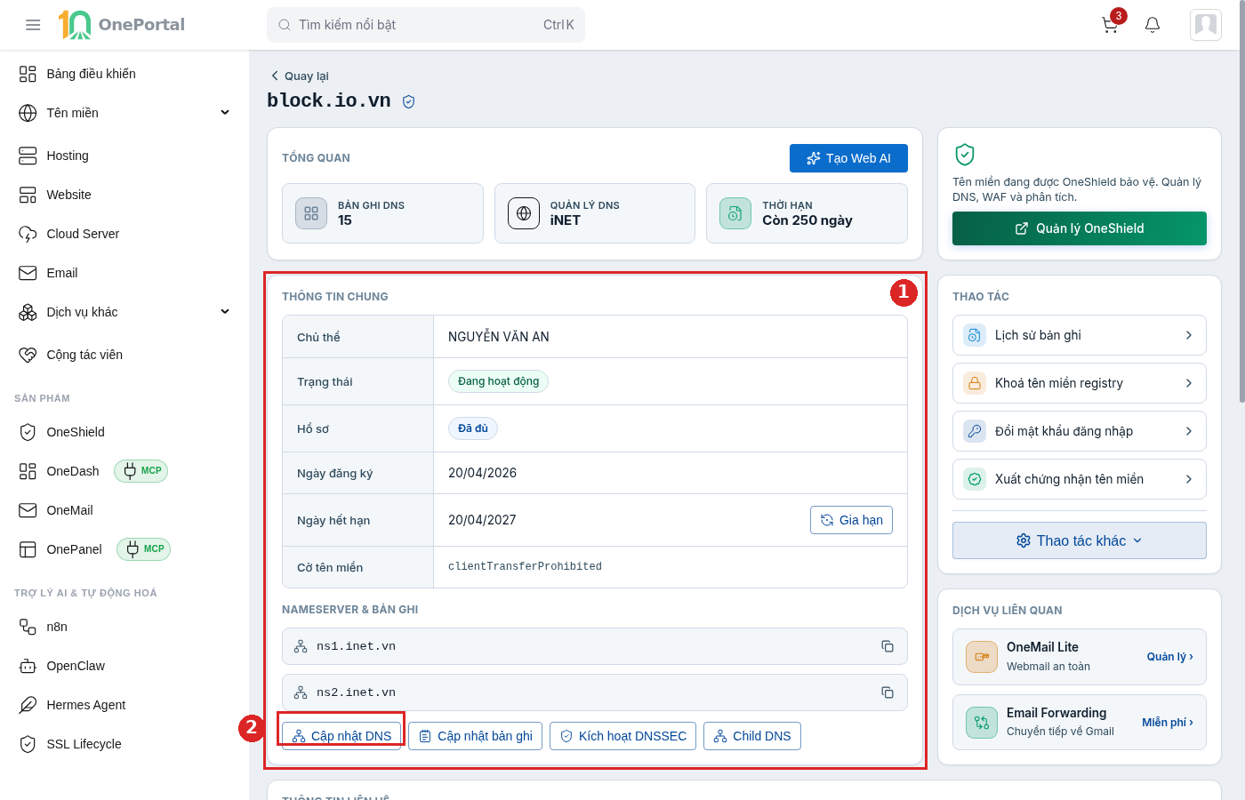 Khối Nameserver và bản ghi trên trang chi tiết tên miền, khoanh và đánh số hai vùng: vùng 1 là cả khối liệt kê các nameserver đang dùng kèm nút sao chép; vùng 2 là nút Cập nhật DNS trong hàng bốn nút Cập nhật DNS, Cập nhật bản ghi, Kích hoạt DNSSEC và Child DNS
