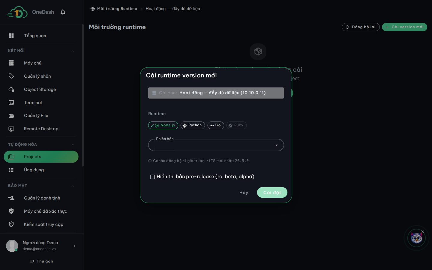 Cửa sổ "Cài runtime version mới": ô chọn máy chủ, nhóm Runtime (Node.js, Python, Go, Ruby), ô Phiên bản kèm gợi ý LTS mới nhất và tuỳ chọn hiển thị bản pre-release