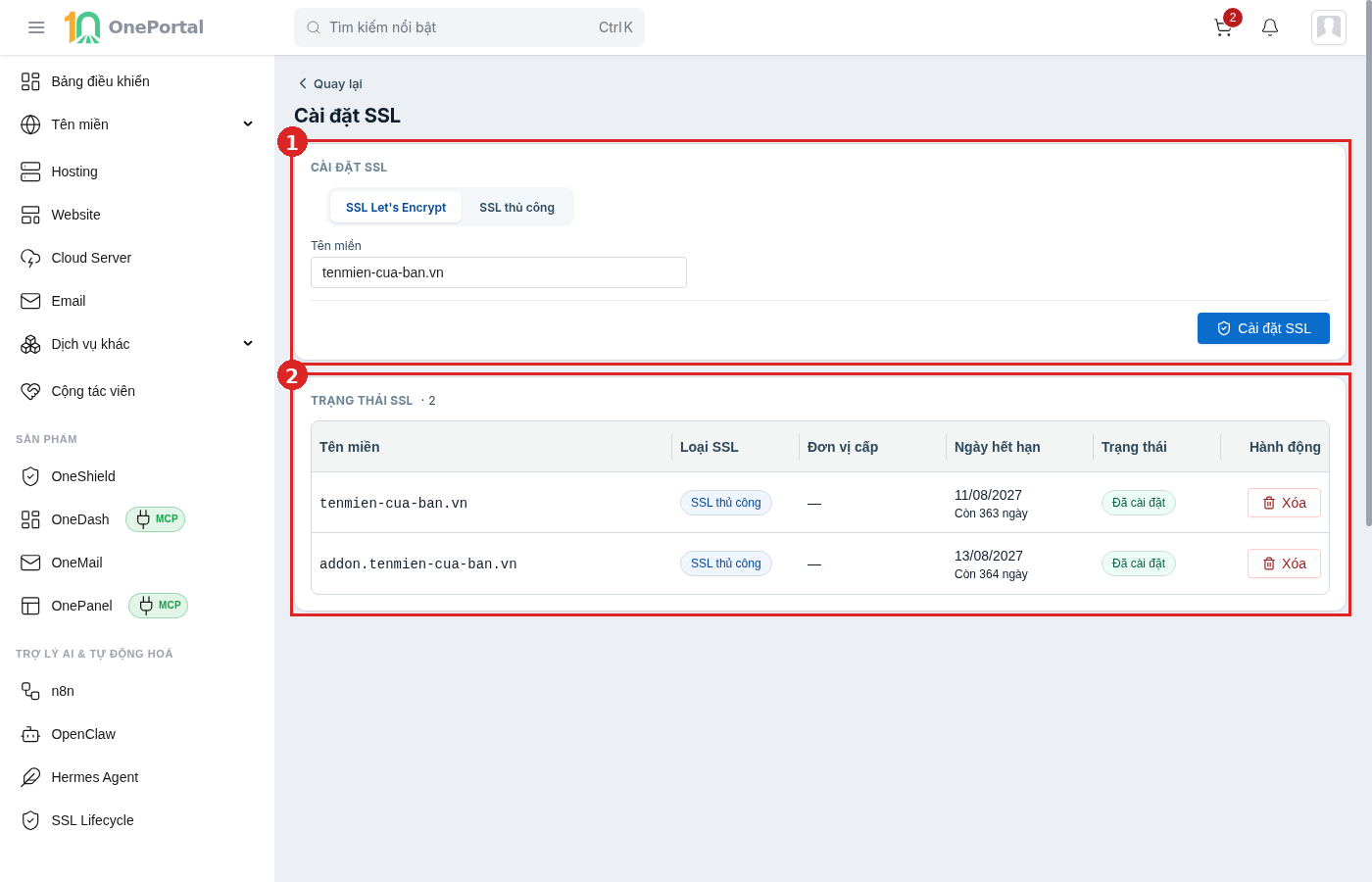 Trang Cài đặt SSL của hosting, khoanh đỏ và đánh số hai vùng: vùng 1 là khối Cài đặt SSL với hai lựa chọn SSL Let's Encrypt và SSL thủ công cùng ô Tên miền và nút Cài đặt SSL; vùng 2 là bảng Trạng thái SSL gồm các cột Tên miền, Loại SSL, Đơn vị cấp, Ngày hết hạn, Trạng thái và Hành động