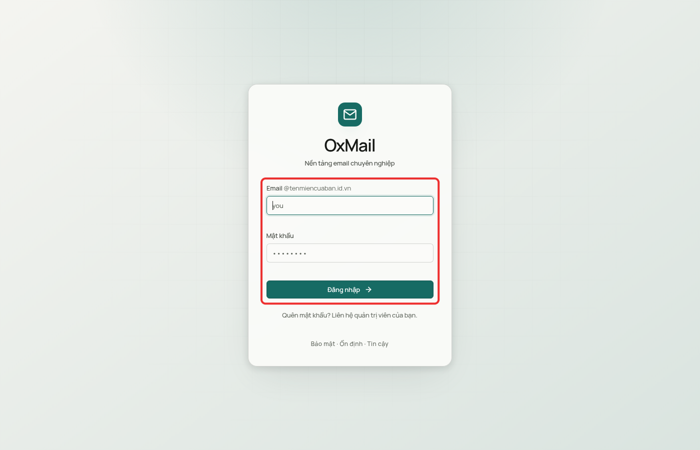 Form đăng nhập OxMail được khoanh đỏ: ô Email kèm đuôi @tenmiencuaban.id.vn, ô Mật khẩu và nút Đăng nhập