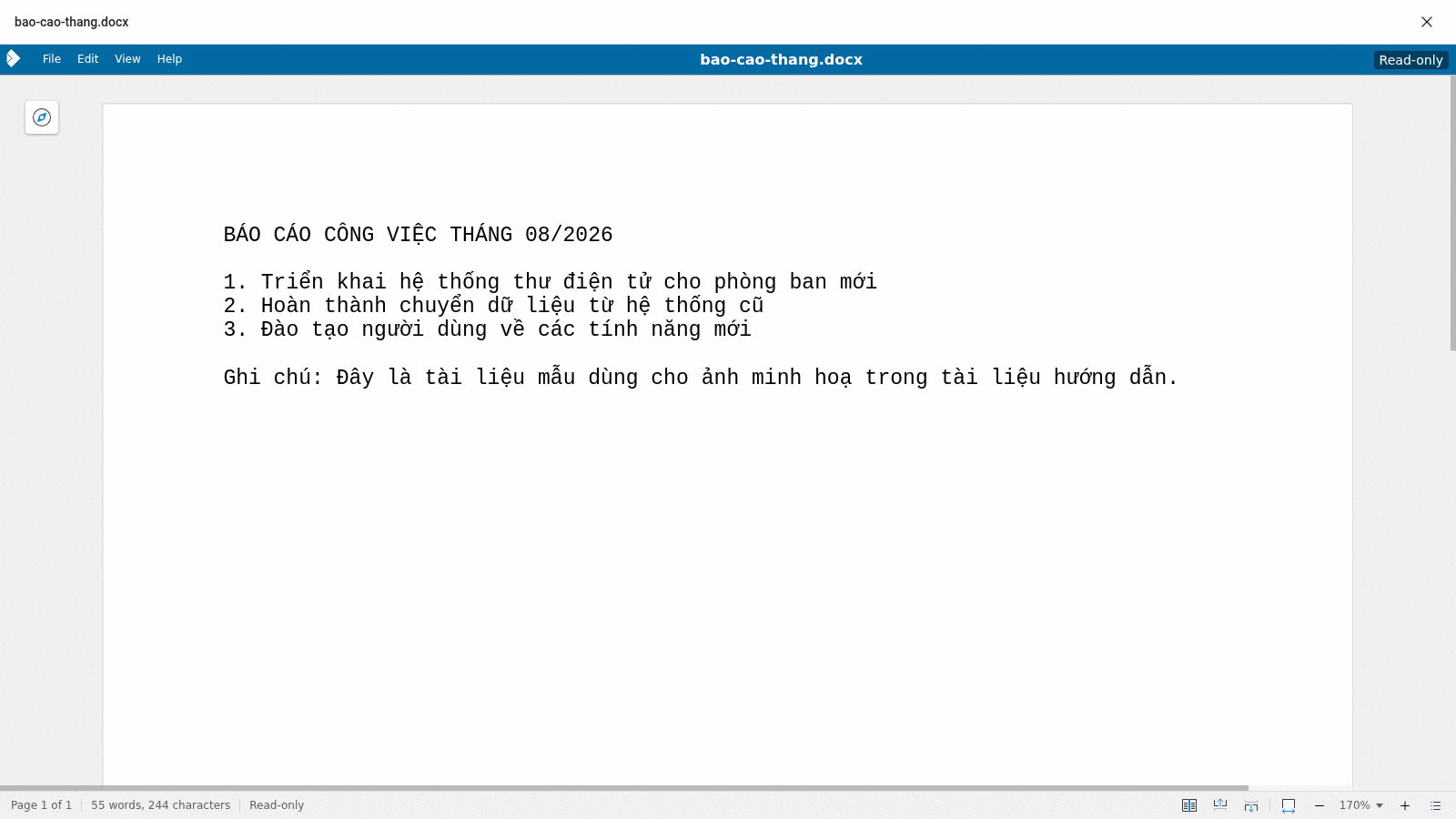 Trình xem tài liệu trực tuyến mở tệp bao-cao-thang.docx ở chế độ Read-only: thanh menu File, Edit, View, Help, tên tệp ở giữa, nội dung báo cáo tiếng Việt và thanh trạng thái hiển thị Page 1 of 1, 55 words, 244 characters