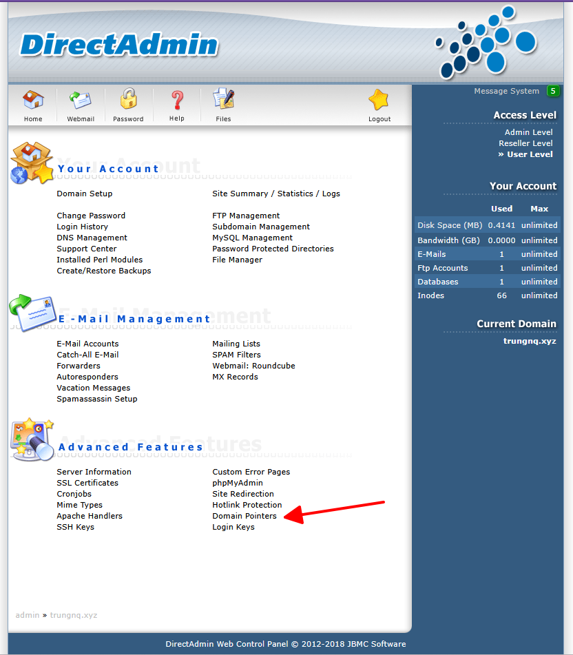 Hướng dẫn tạo Domain Pointers (Alias domain) trên DirectAdmin