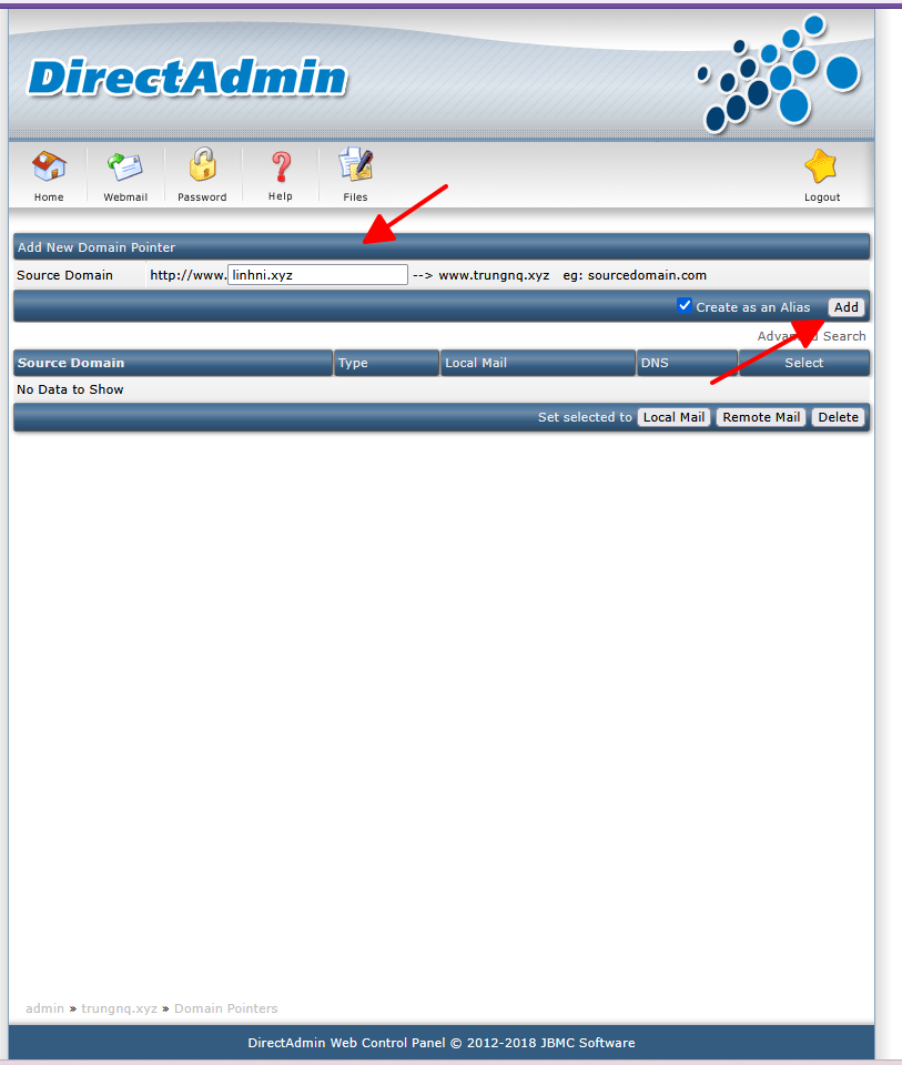 Hướng dẫn tạo Domain Pointers (Alias domain) trên DirectAdmin