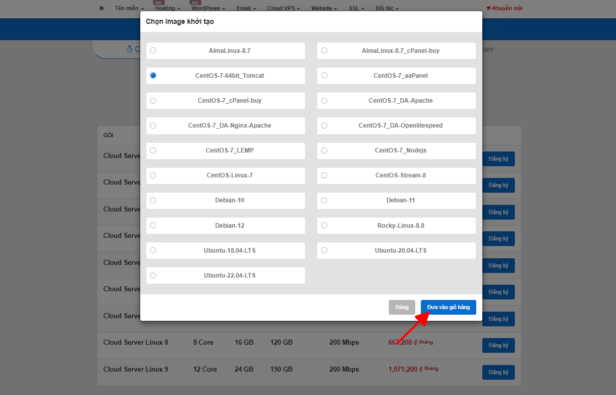 Chọn image gói cloud server