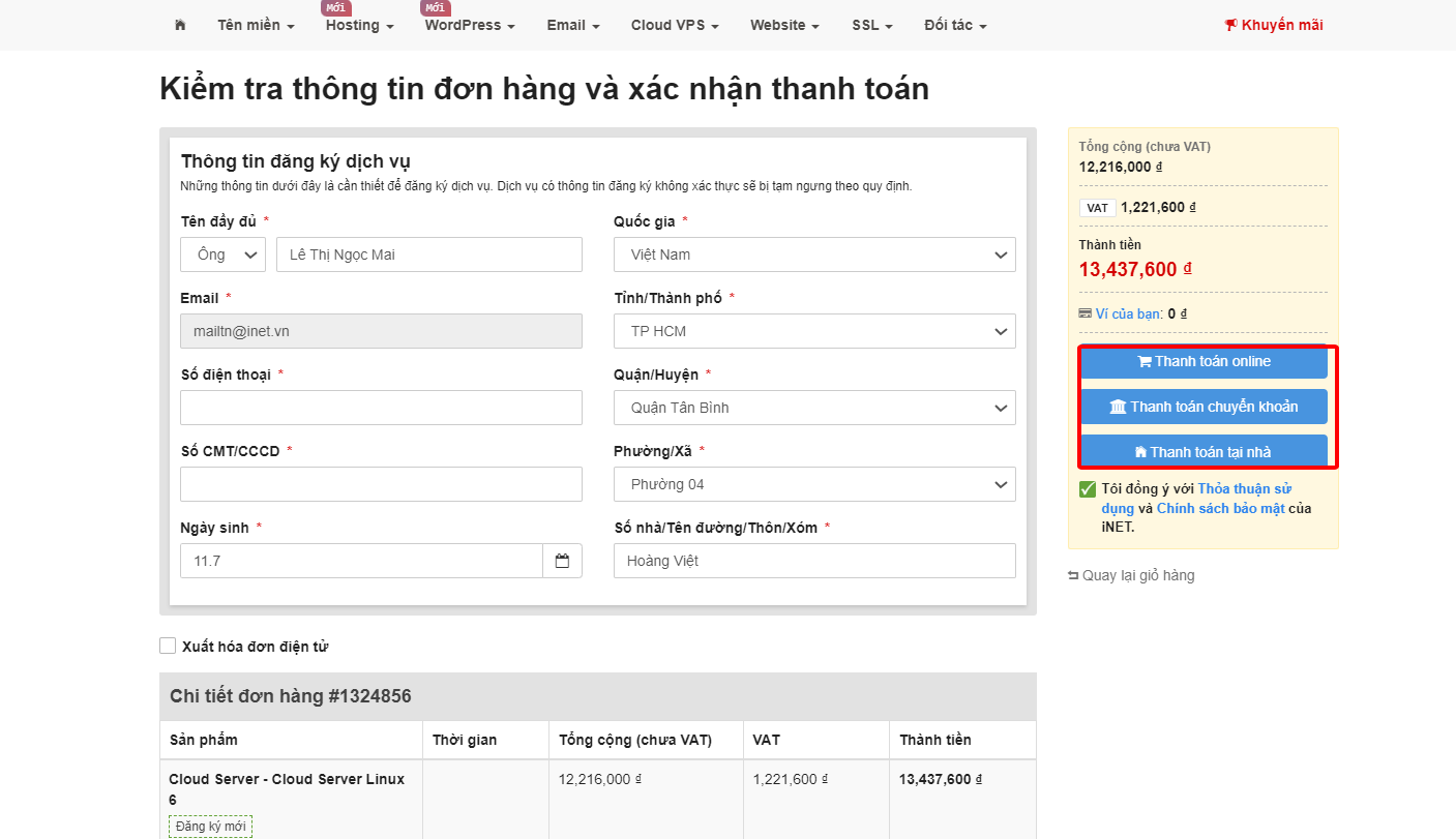 Thông tin đăng ký cloud server