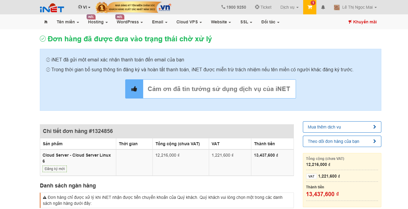 Trạng thái chờ xử lý khi đăng ký cloud server